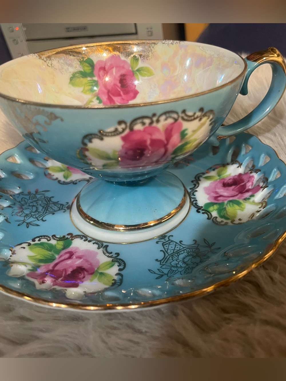 LEFTON CHINA Iridescent blue Teacup & Saucer Set pink rose cameo Lusterware Hand